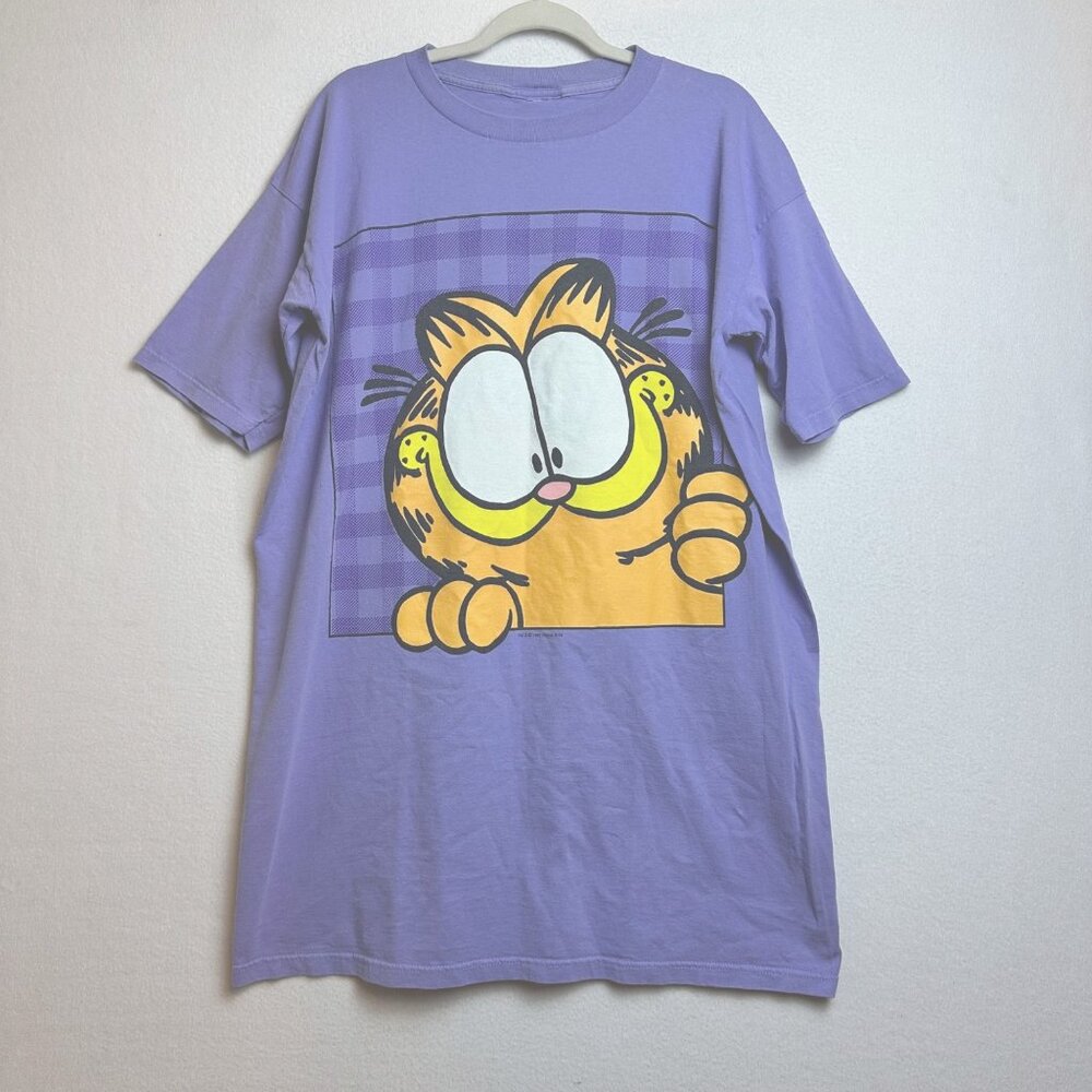 Vintage 1995 Garfield Big Logo Purple Long Sleep Shirt Warner Bros Retro Y2K